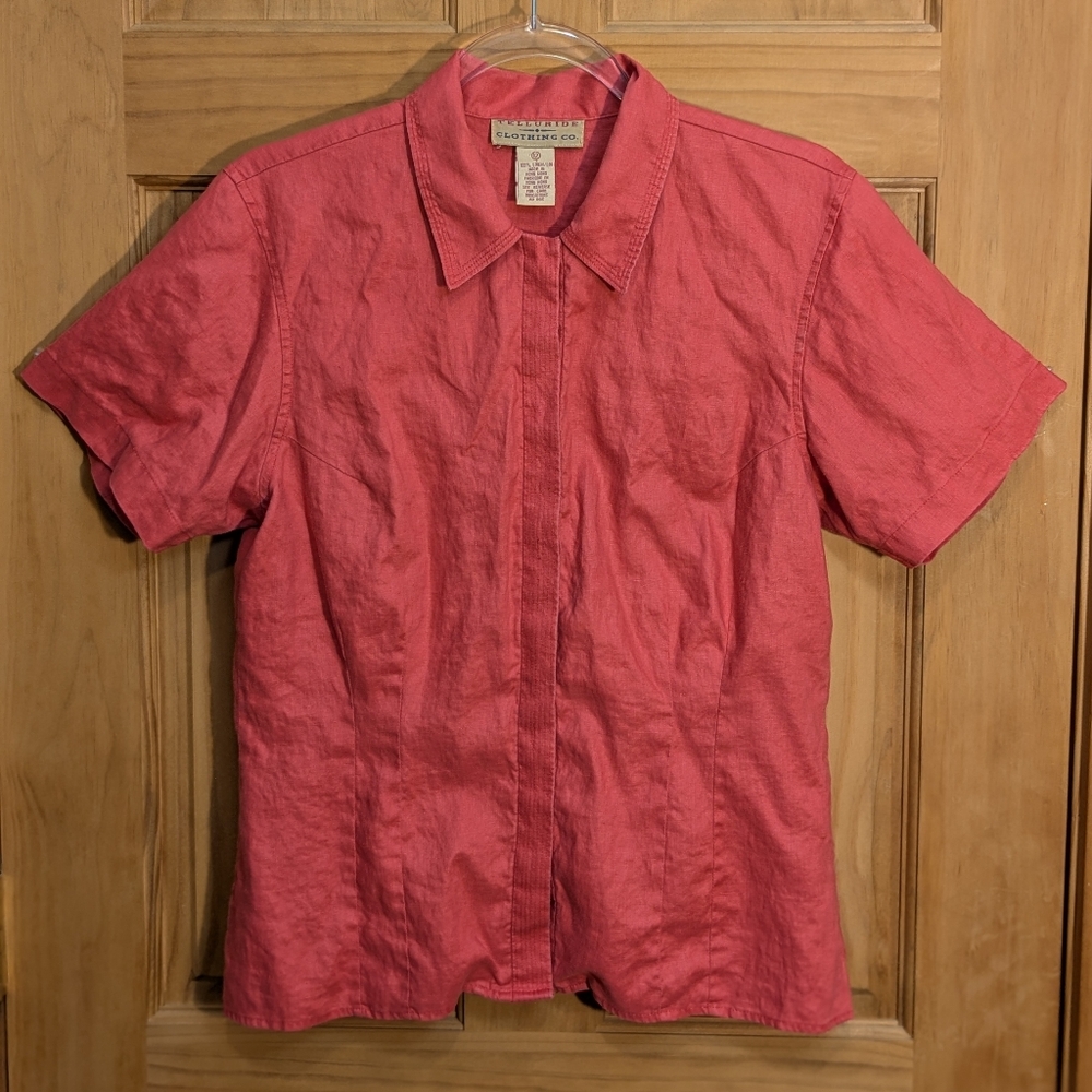 Telluride Linen Blouse Women’s 12 Reddish Pink Coastal Beach Top Summer Travel